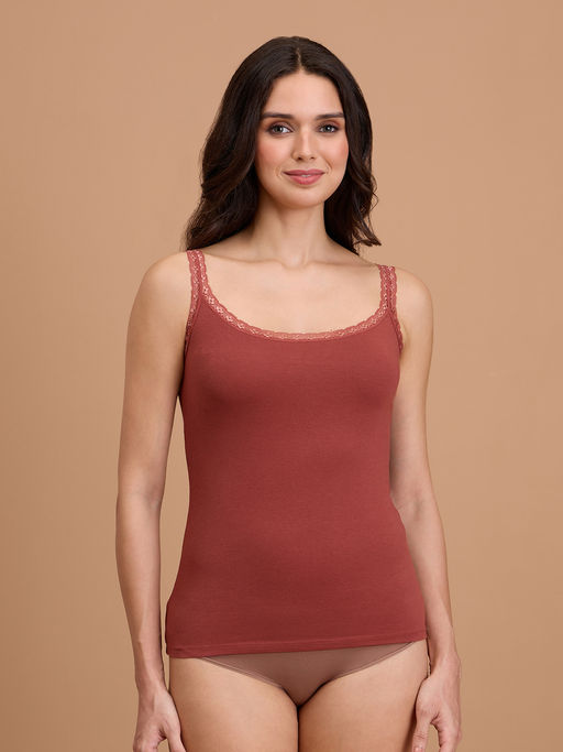 Nykd by Nykaa Essential Cotton Stretch Trim Lace Camisole with Adjustable Straps NYC013-Rust