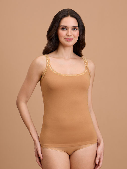 Nykd by Nykaa Essential Cotton Stretch Trim Lace Camisole with Adjustable Straps NYC013-Tan
