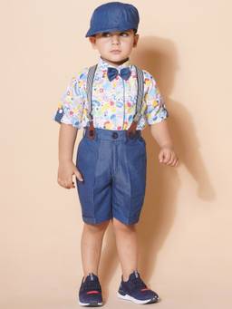 AJ Dezines - Boys Cotton Blue Shorts with Suspender Cap and Printed Shirt (Set of 5)