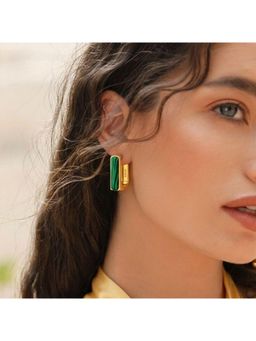 Arvino - Gold Plated Malachite Bar Huggie Green Earrings