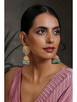 SWABHIMANN - Shraja Green Gold Plated Kundan Jhumka Earrings