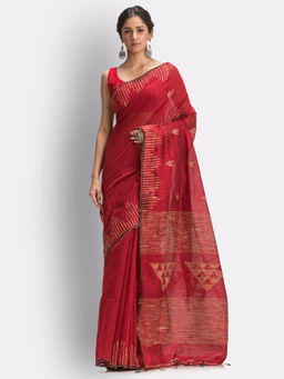 Angoshobha - Red Cotton Blended Handloom Jamdani Saree with Unstitched Blouse