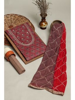 KISHORI - Women Printed Unstitched Cotton Kurta & Bottom, Chiffon Dupatta Set Maroon