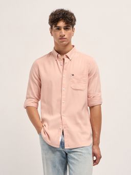 The Bear House - Mens Peach Slim Fit Solid Woven Casual Shirt