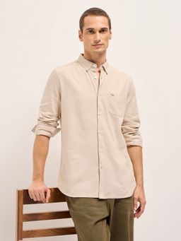 The Bear House - Mens Cream Slim Fit Solid Woven Casual Shirt