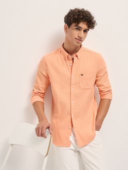 The Bear House - Mens Orange Slim Fit Solid Woven Casual Shirt