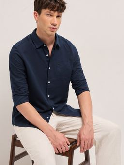 The Bear House - Mens Blue Slim Fit Solid Woven Casual Shirt