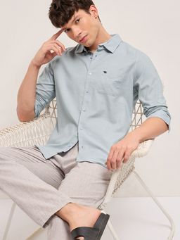 The Bear House - Mens Blue Slim Fit Solid Woven Casual Shirt