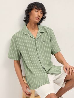 The Bear House - Mens Green Relaxed Fit Stripe Woven Casual Shirt