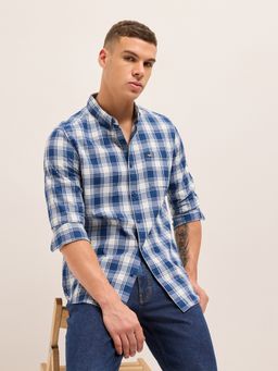 The Bear House - Mens Blue Slim Fit Checked Cotton Woven Casual Shirt