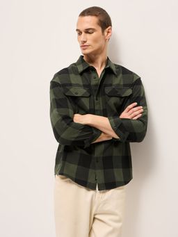 The Bear House - Mens Olive Relaxed Fit Checked Cotton Flannel Overshirt