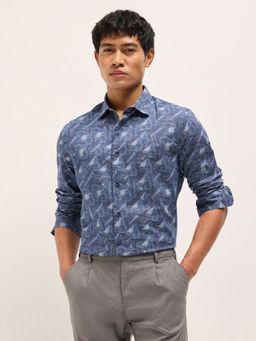 The Bear House - Mens Blue Tailored Fit Printed Woven Formal Shirt