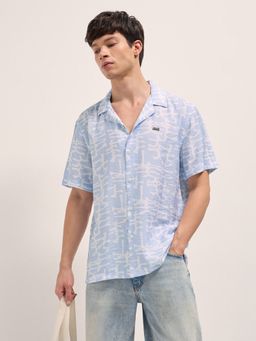 The Bear House - Mens Blue Relaxed Fit Digital Print Woven Casual Shirt