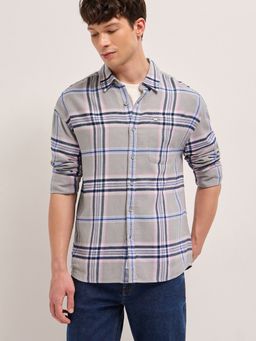 The Bear House - Mens Grey Relaxed Fit Checked Cotton Woven Casual Shirt