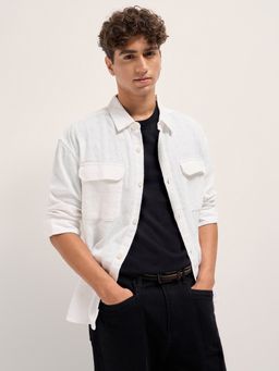 The Bear House - Mens White Relaxed Fit Textured Cotton Woven Casual Shirt