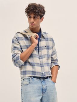 The Bear House - Mens Grey Relaxed Fit Checked Cotton Woven Casual Shirt