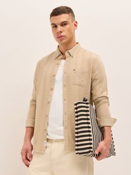 The Bear House - Mens Beige Relaxed Fit Textured Cotton Woven Casual Shirt