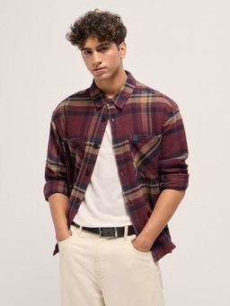 The Bear House - Mens Maroon Relaxed Fit Checked Cotton Flannel Shacket