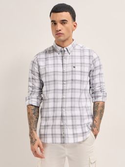 The Bear House - Mens Grey Relaxed Fit Checked Cotton Woven Casual Shirt