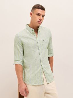 The Bear House - Mens Green Slim Fit Stripe Woven Casual Shirt
