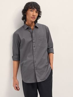 The Bear House - Mens Grey Slim Fit Solid Woven Casual Shirt