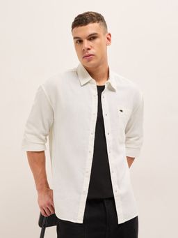 The Bear House - Mens White Relaxed Fit Stripe Cotton Woven Casual Shirt