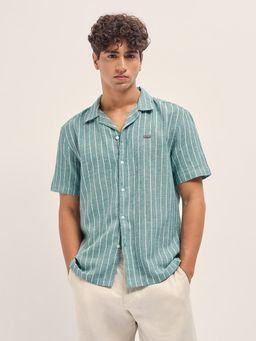 The Bear House - Mens Green Relaxed Fit Stripe Casual Shirt