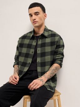 The Bear House - Mens Olive Relaxed Fit Checked Cotton Flannel Overshirt