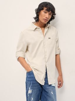 The Bear House - Mens Cream Slim Fit Solid Woven Casual Shirt