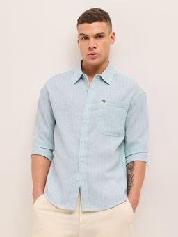 The Bear House - Mens Blue Relaxed Fit Stripe Woven Casual Shirt