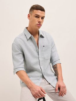 The Bear House - Mens Grey Relaxed Fit Stripe Woven Casual Shirt
