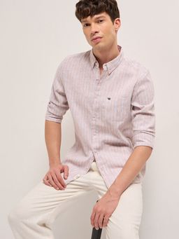The Bear House - Mens Peach Slim Fit Stripe Woven Casual Shirt