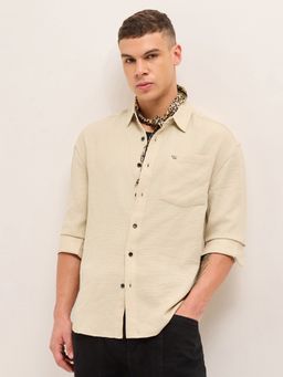 The Bear House - Mens Cream Relaxed Fit Solid Woven Casual Shirt