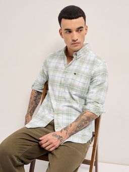 The Bear House - Mens Green Slim Fit Checked Cotton Woven Casual Shirt
