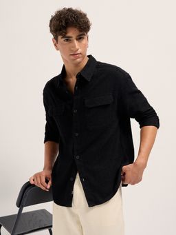 The Bear House - Mens Black Relaxed Fit Textured Cotton Woven Casual Shirt