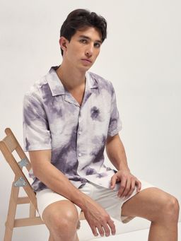 The Bear House - Mens Purple Relaxed Fit Digital Print Woven Casual Shirt