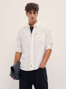 The Bear House - Mens White Relaxed Fit Stripes Woven Casual Shirt