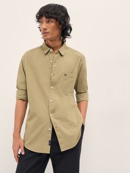 The Bear House - Mens Khaki Slim Fit Solid Cotton Woven Casual Shirt