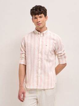 The Bear House - Mens Peach Slim Fit Stripe Woven Casual Shirt
