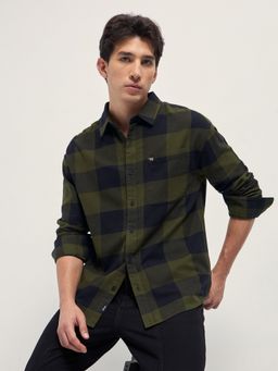 The Bear House - Mens Olive Relaxed Fit Checked Cotton Flannel Casual Shirt