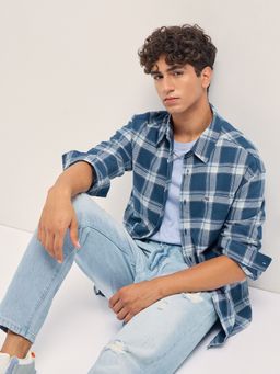 The Bear House - Mens Blue Relaxed Fit Checked Cotton Casual Shirt