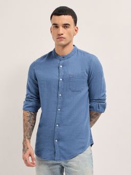 The Bear House - Mens Blue Slim Fit Textured Cotton Denim Casual Shirt