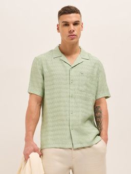 The Bear House - Mens Green Relaxed Fit Textured Woven Casual Shirt