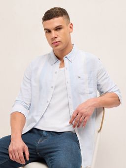 The Bear House - Mens Blue Slim Fit Stripe Cotton Woven Casual Shirt