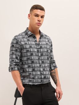 The Bear House - Mens Grey Tailored Fit Printed Woven Formal Shirt