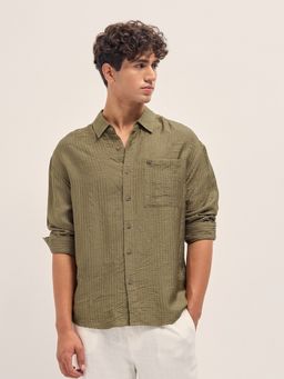 The Bear House - Mens Olive Relaxed Fit Stripes Woven Casual Shirt