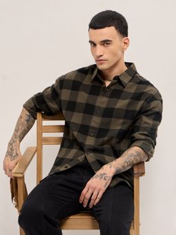 The Bear House - Mens Brown Relaxed Fit Checked Cotton Flannel Overshirt