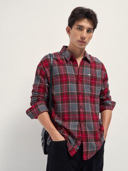 The Bear House - Mens Red Relaxed Fit Checked Cotton Flannel Casual Shirt