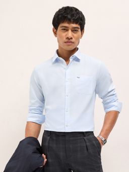 The Bear House - Mens Blue Tailored Fit Textured Woven Formal Shirt