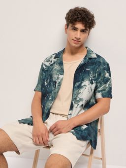 The Bear House - Mens Teal Relaxed Fit Digital Print Woven Casual Shirt